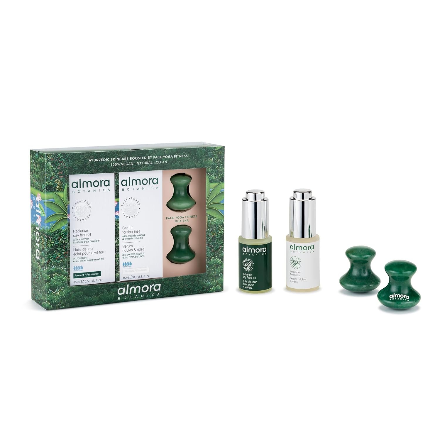Deluxe Travel Essentials Kit | Serum for Fine Lines (15mL), Radiance Day Face Oil (15mL) & Signature Crystal Gua Sha | Skincare & Facial Massage Set | Clean, Vegan, Ayurvedic Beauty