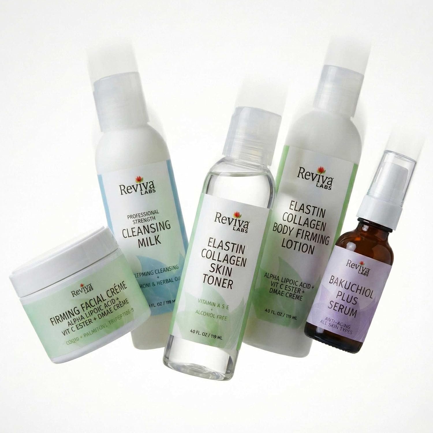 Reviva Labs Spa at Home – 5-Piece Skincare Gift Set for Women – featuring Gentle Facial Cleanser, Toner, Plumping Serum, Firming Cream & Collagen Body Lotion for Winter Skin Care
