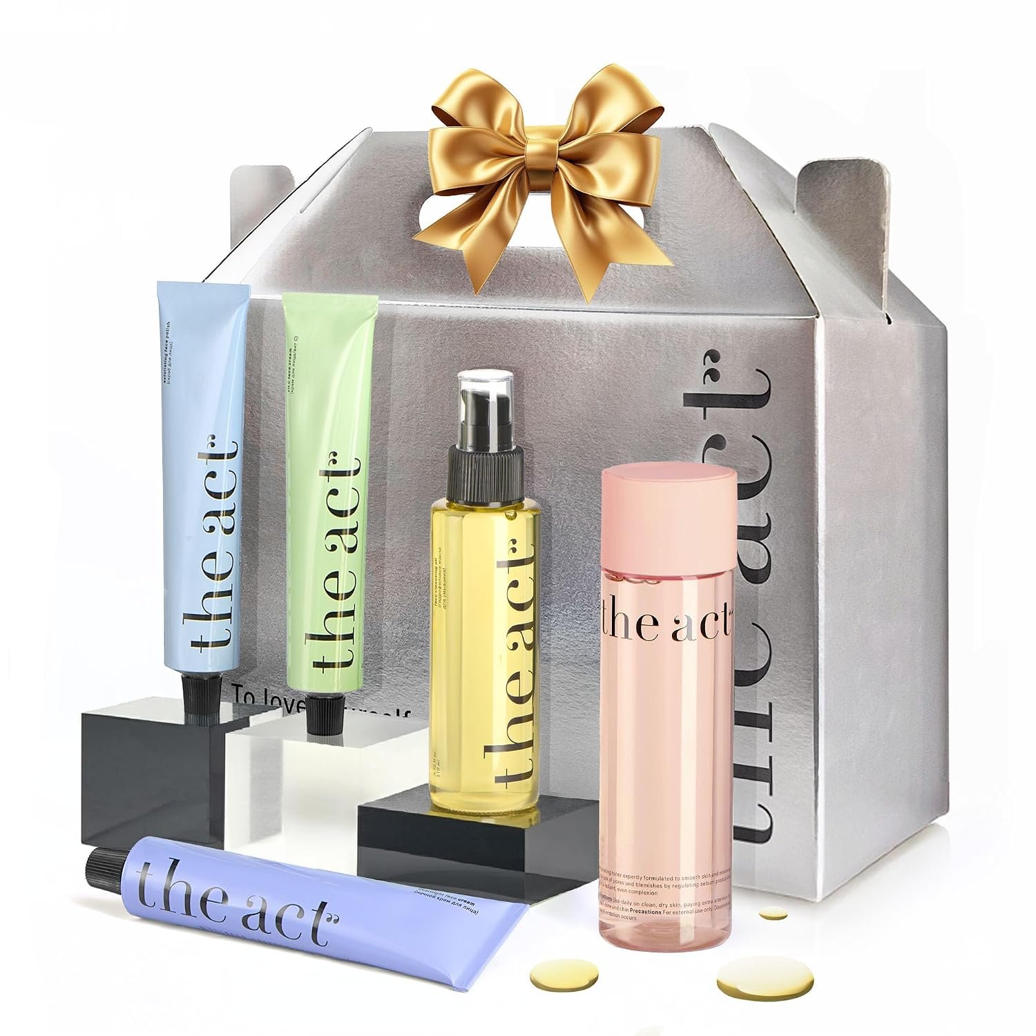 THE ACT 5-Step Face Care Set – Gift Set for Her Women Mom Wife Girlfriend – Micellar Water Cleansing Oil Face Scrub Day Cream Overnight Cream – Luxury Beauty Set – Birthday, Christmas , Vegan